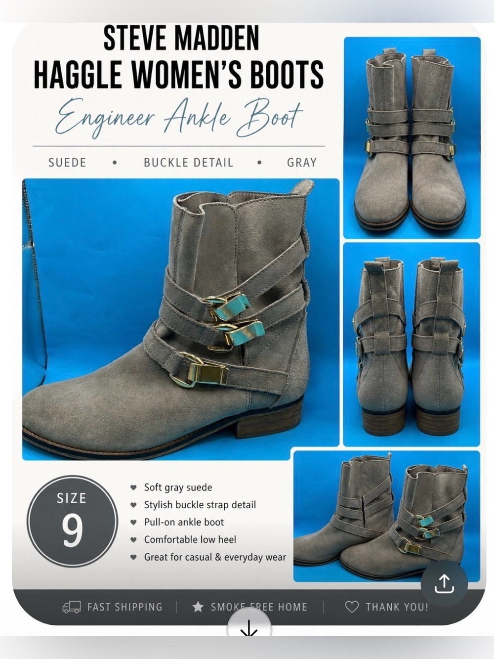 Steve Madden Haggle Women's Boots Engineer Ankle Boot Buckle Suede Gray Size 9